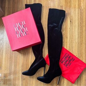 Carolina Herrera OTK Stretch Velvet Stiletto Boots Black Size 39